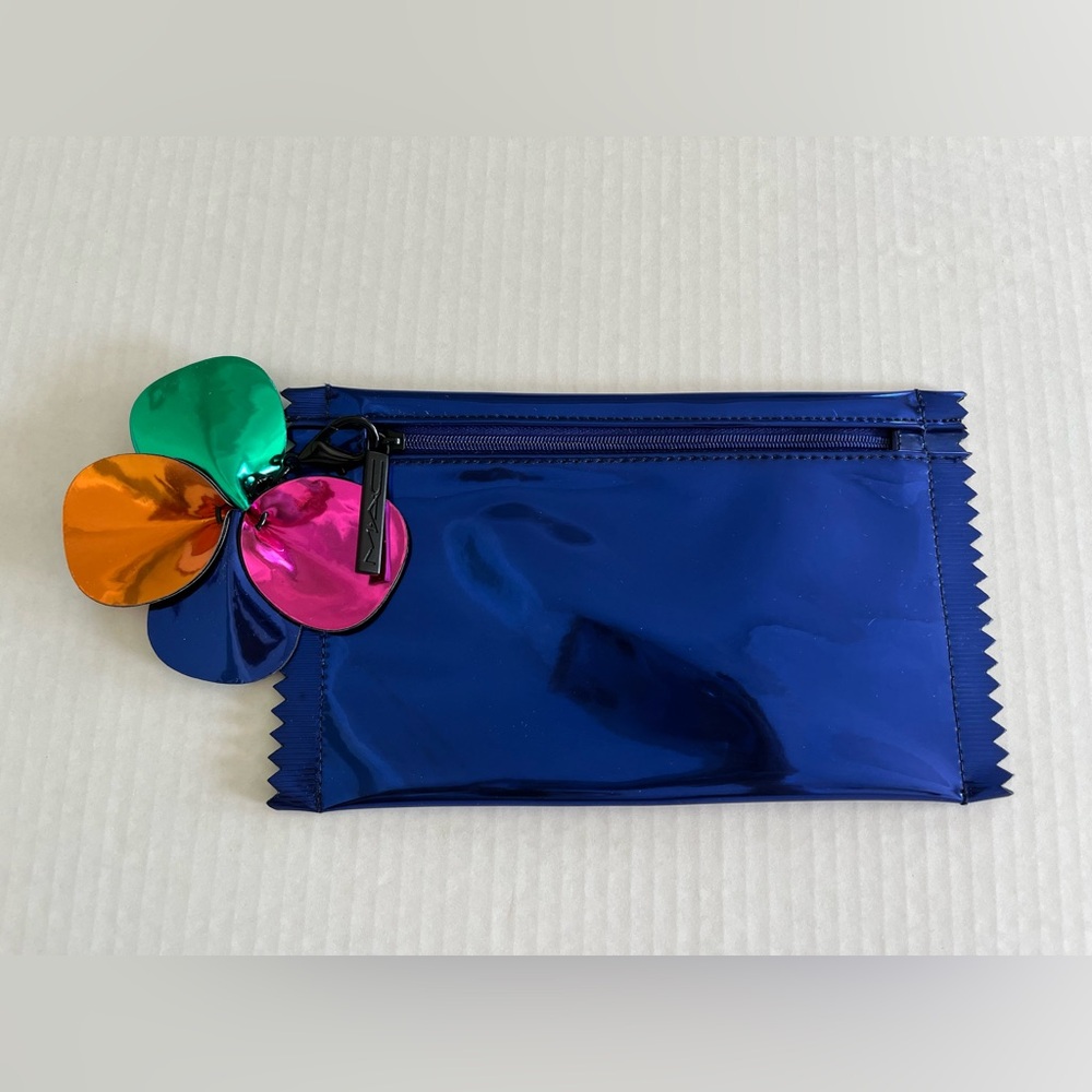 MAC Blue Metallic Candy Wrapper Zippered Makeup Bag with Colorful Flower
